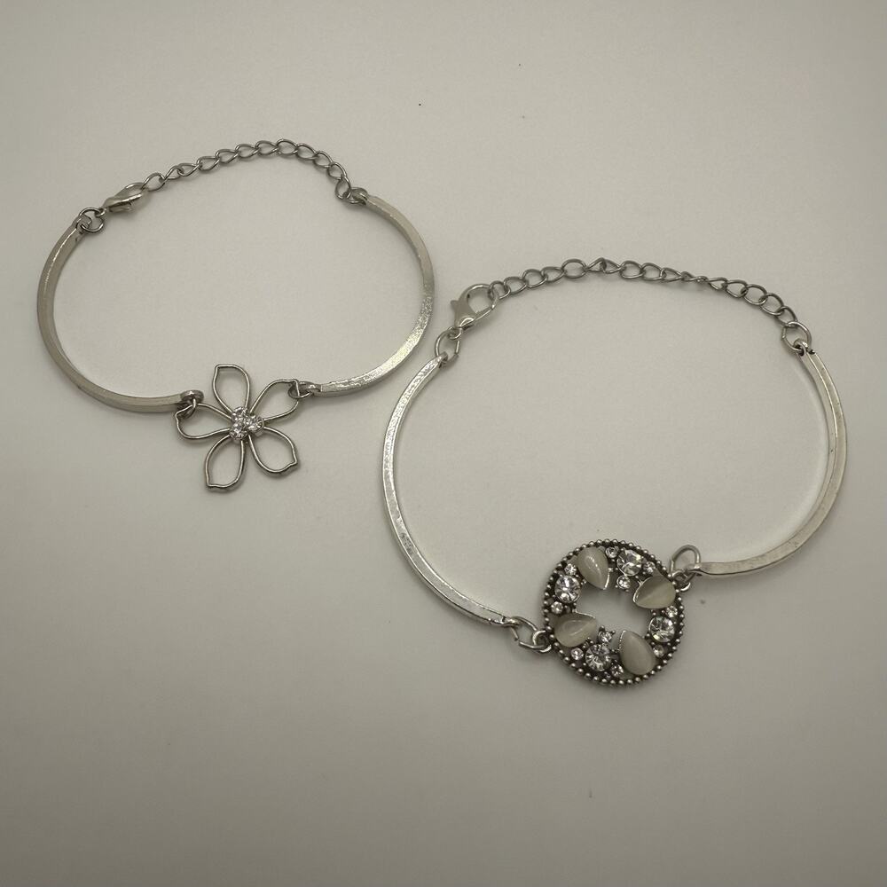 Two Silver Tone Bracelets Rhinestones Floral‎ Adjustable
